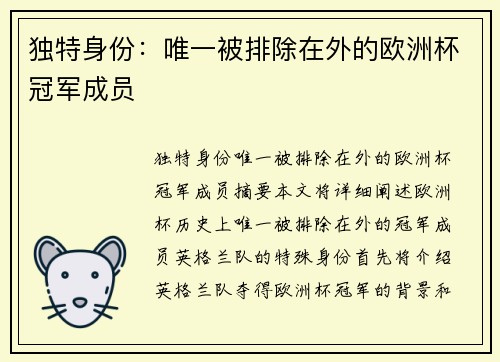 独特身份：唯一被排除在外的欧洲杯冠军成员